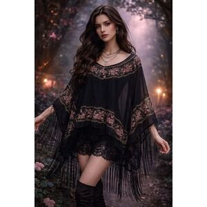 NWT Black Sheer Floral Embroidered Fringe Poncho Boho Festival Kimono Goth Fairy